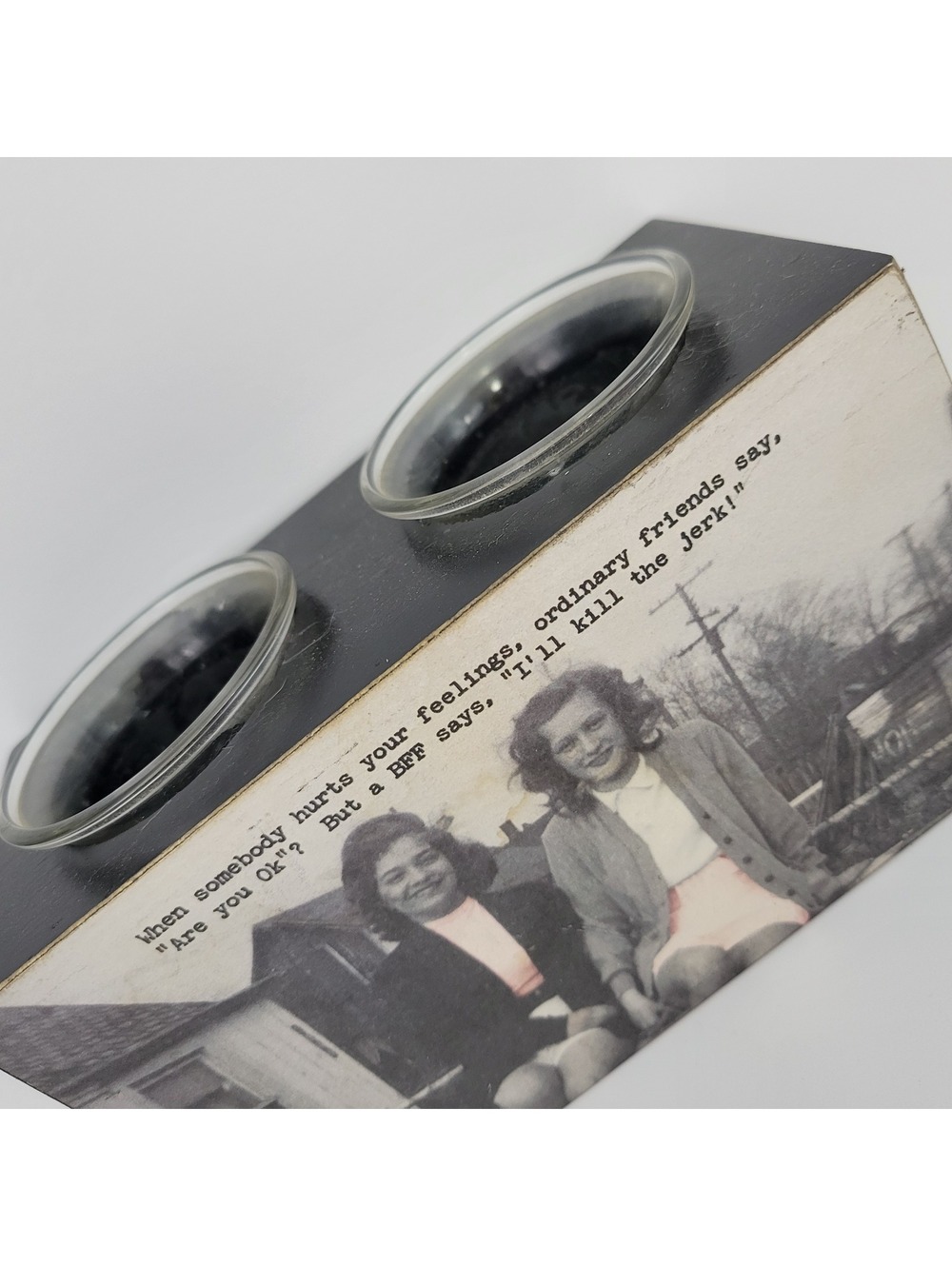 Vintage Double Glass Candle Holder with Retro Photo and Quote